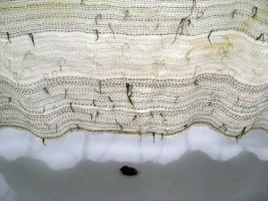 Dialogues, 'Home' installation of hand stitched bed sheets hanging from frame.
